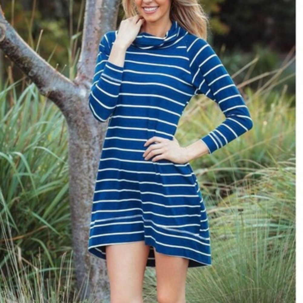 Navy Blue & White Stripe Cowl Neck 3/4Sleeve Dress - Picture 3 of 4
